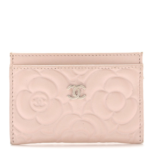 Iridescent Lambskin Camellia Embossed Card Holder Light Pink