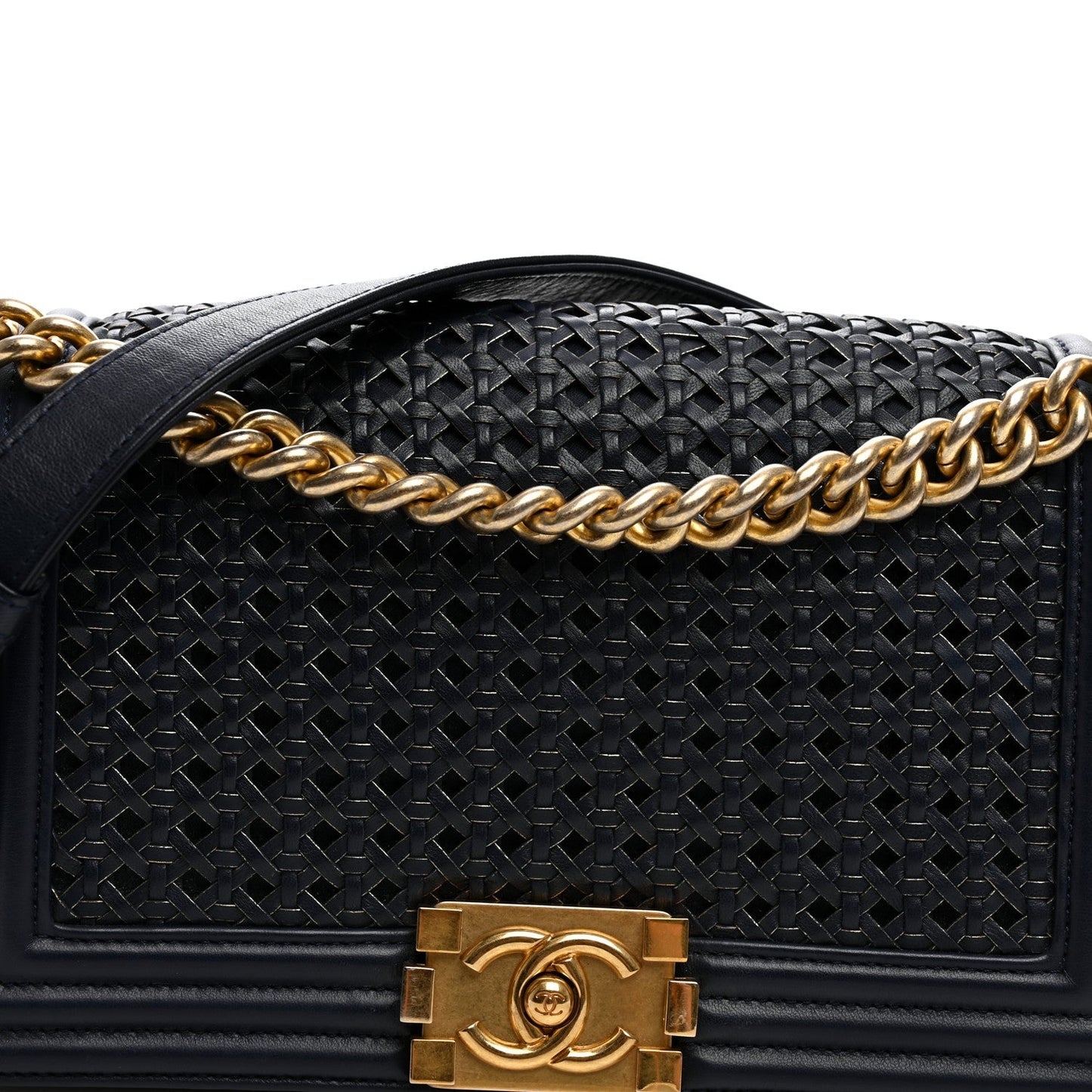 Lambskin Braided Woven Medium Boy Flap  Navy