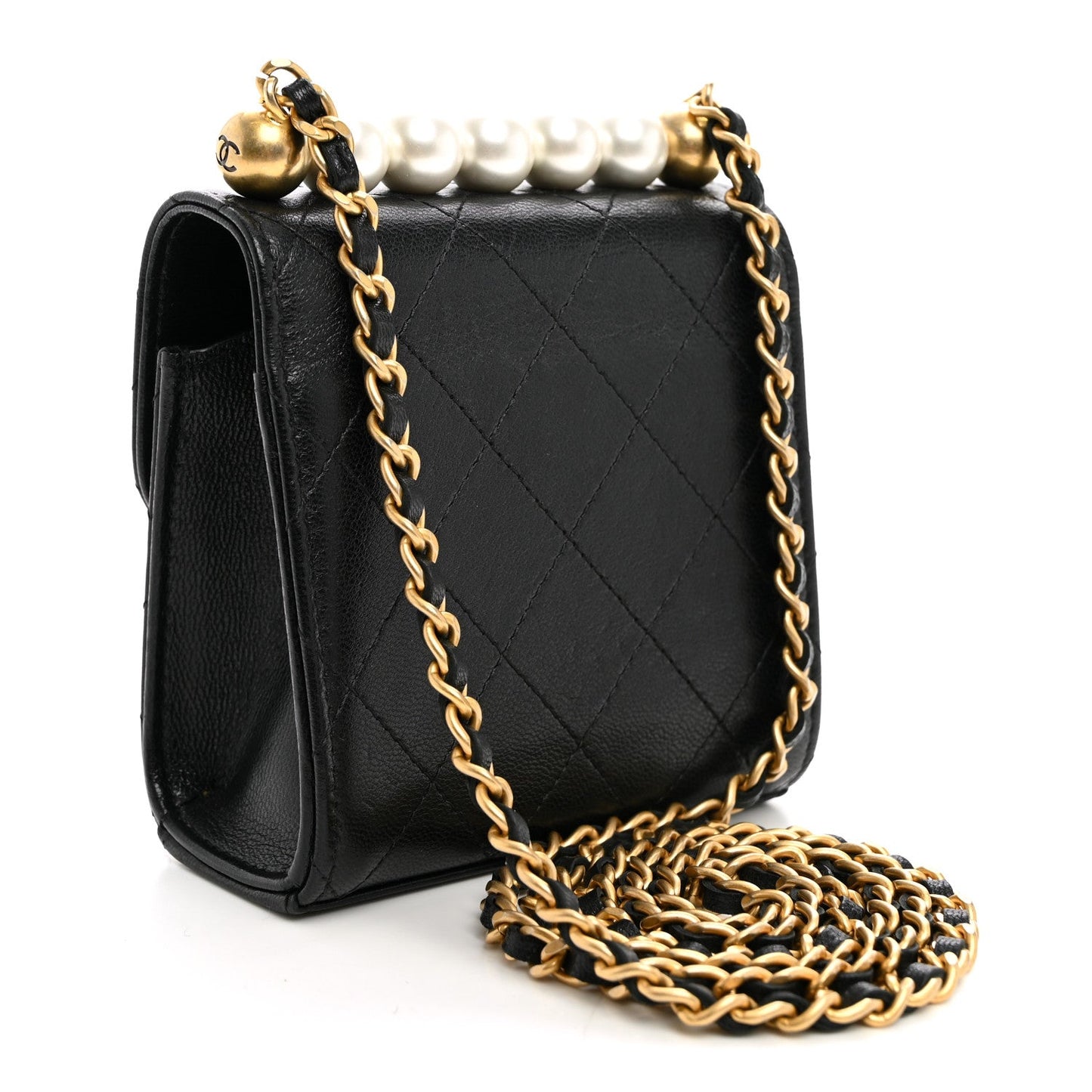 Goatskin Chic Pearls Clutch On Chain Black