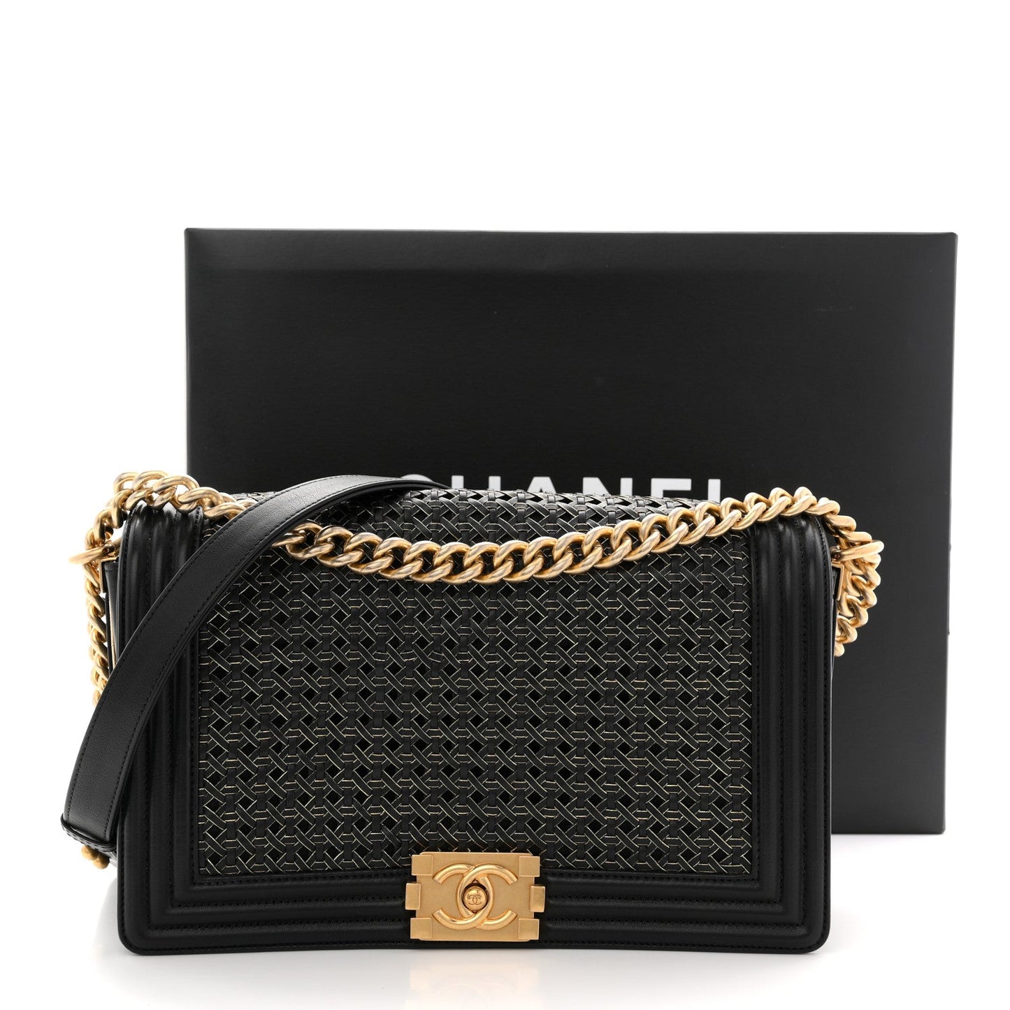 Lambskin Braided Woven Medium Boy Flap Navy Black