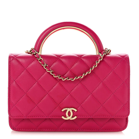 Lambskin Quilted Top Handle Wallet On Chain WOC Pink