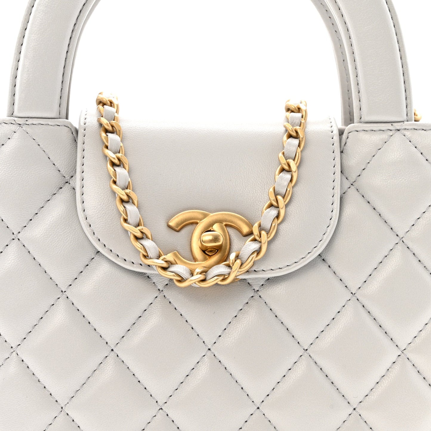 Shiny Aged Calfskin Quilted Nano Kelly Shopper Light Grey