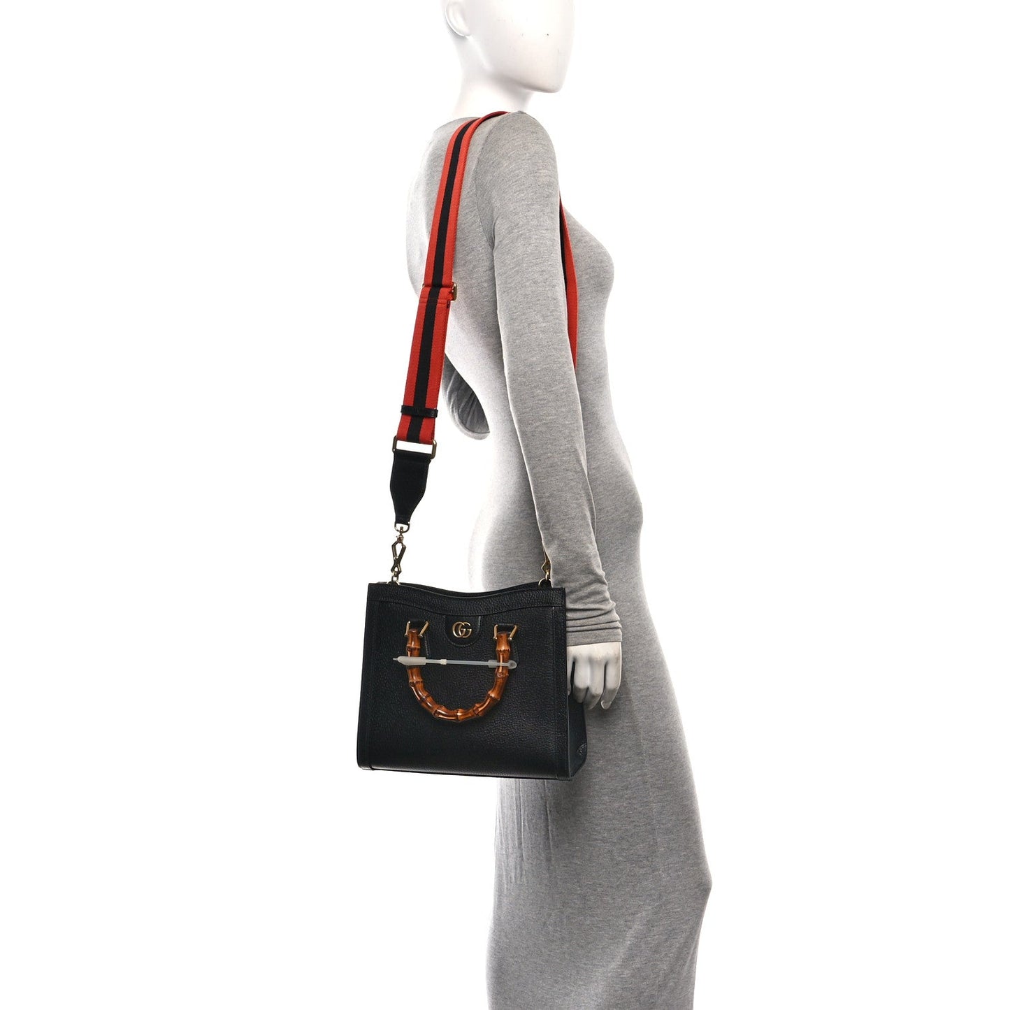 Textured Dollar Calfskin Web Small Diana Tote Bag Black Dusty Grey