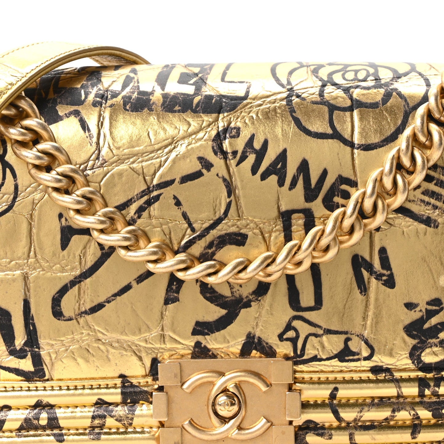 Metallic Calfskin Crocodile Embossed Graffiti Medium Cocodile Boy Flap Gold