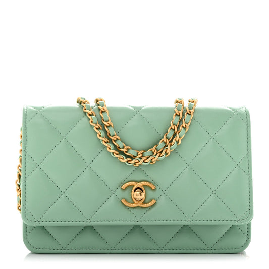 Lambskin Quilted Logo WOC Wallet On Chain Green