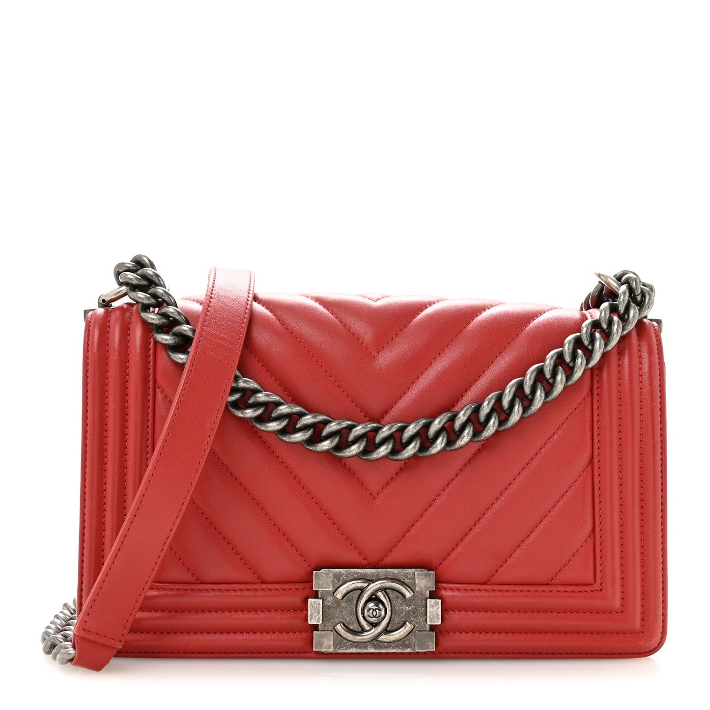 Calfskin Chevron Quilted Medium Boy Flap Red