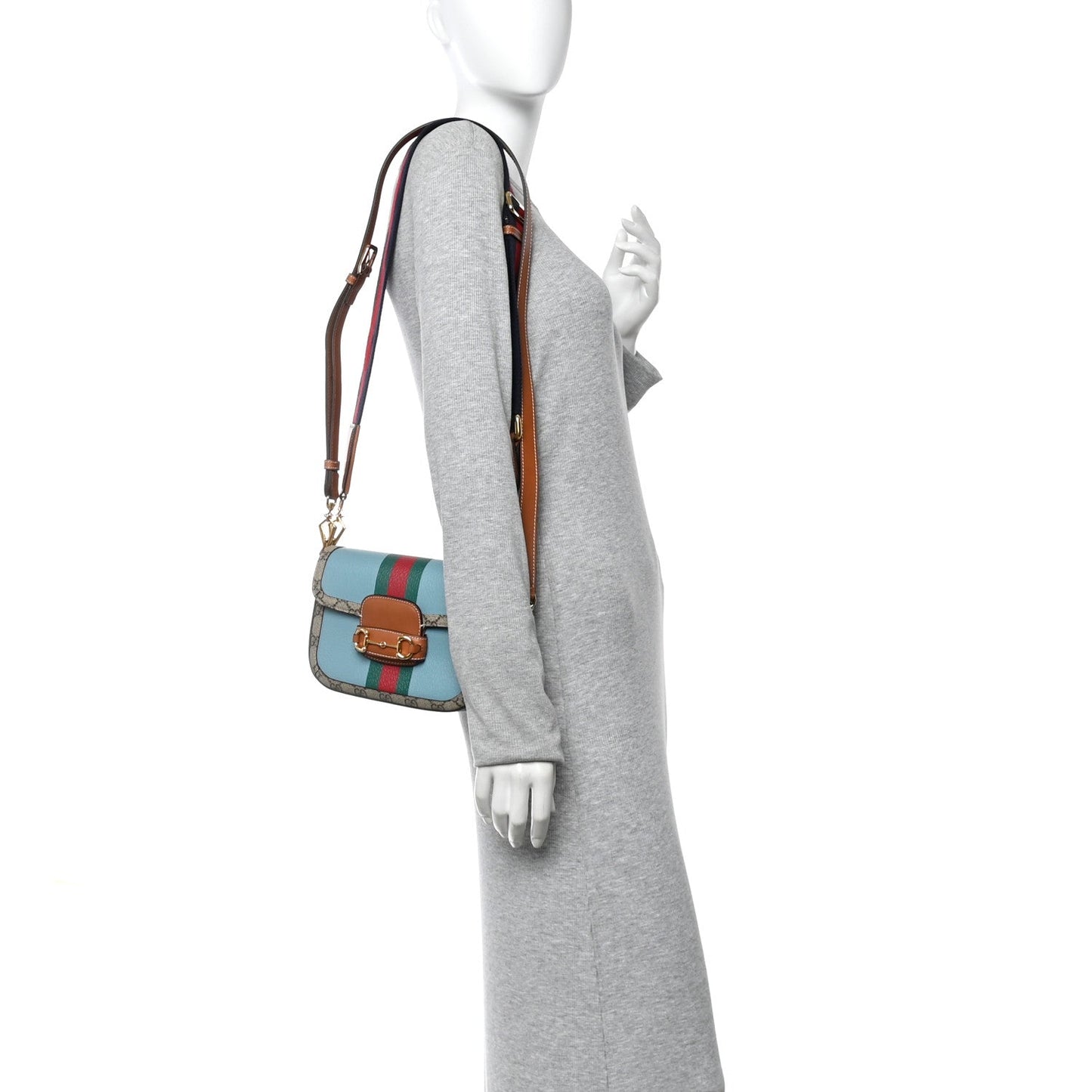 X DANS LE VERT Textured Dollar Calfskin GG Supreme Monogram Web Mini Horsebit 1955 Shoulder Bag Dusty Azure Beige Ebony
