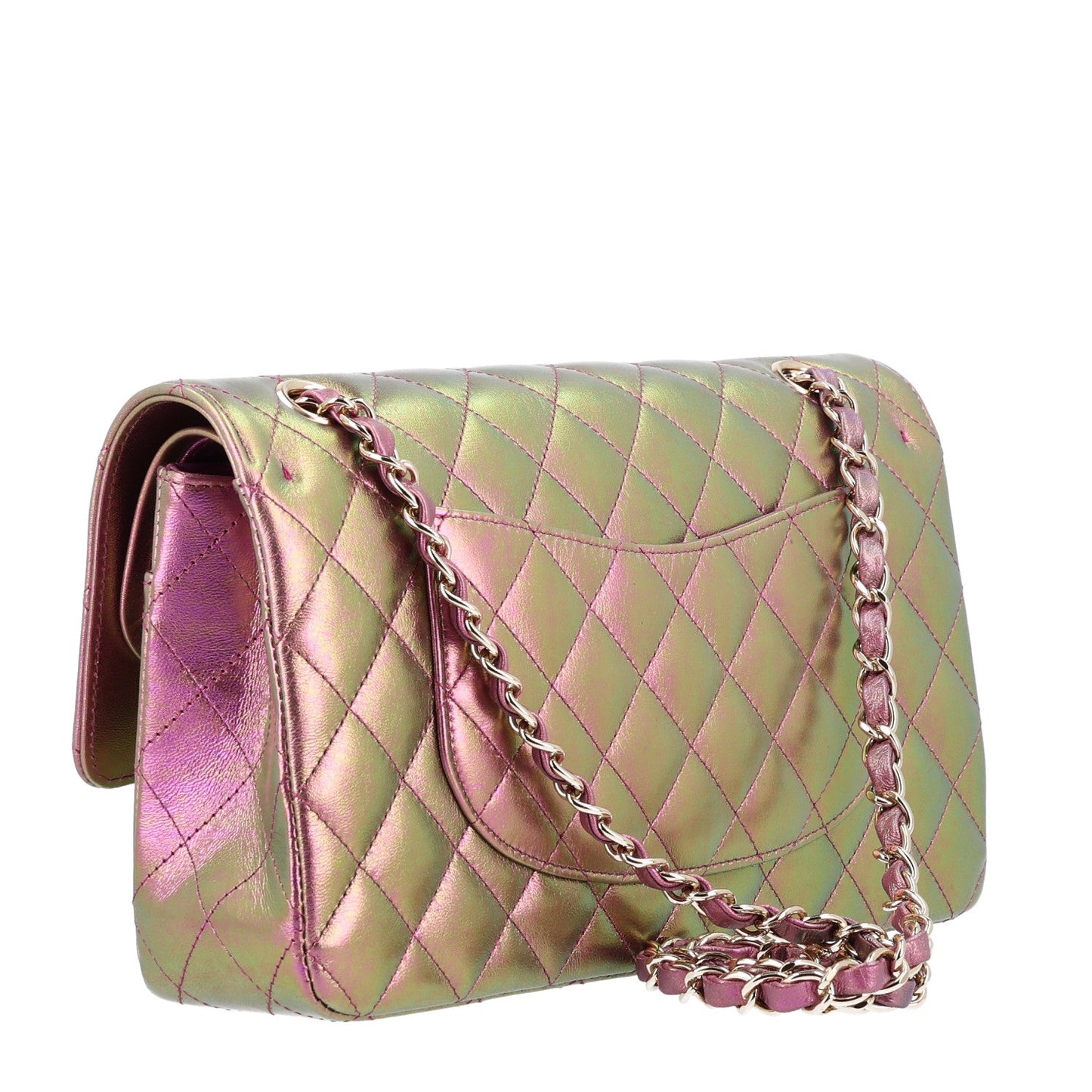 Iridescent Lambskin Quilted Medium Double Flap Purple
