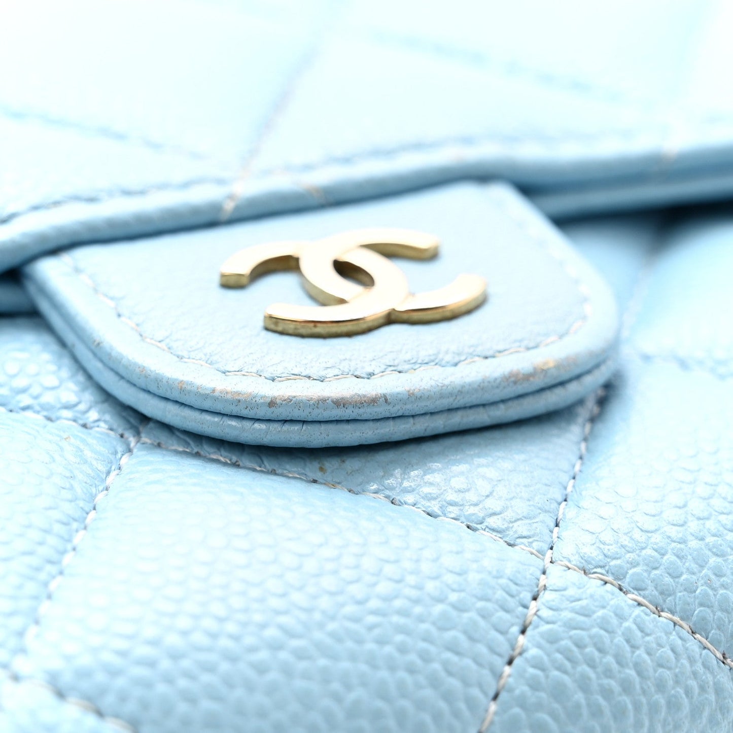 Caviar Quilted Large Gusset Flap Wallet Light Blue