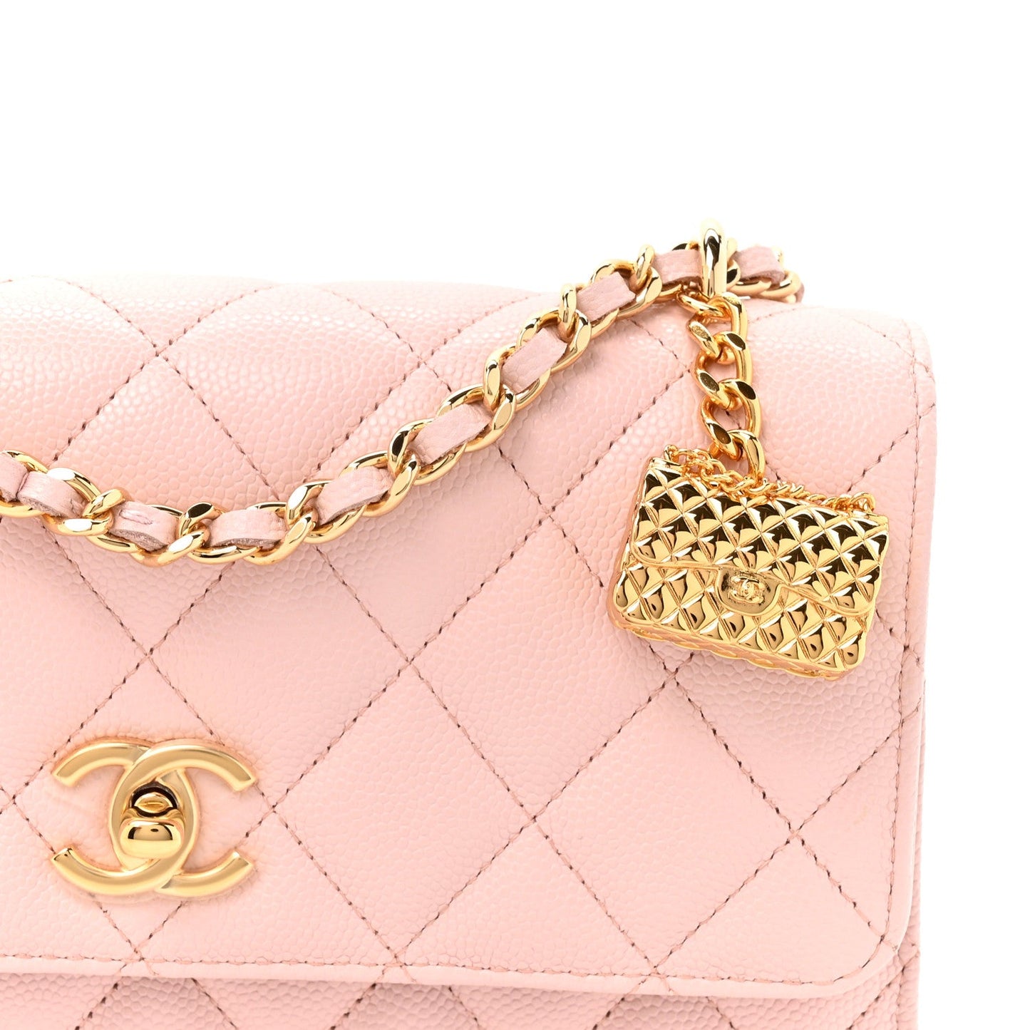 Shiny Caviar Quilted Flap Charm Wallet On Chain WOC Light Pink