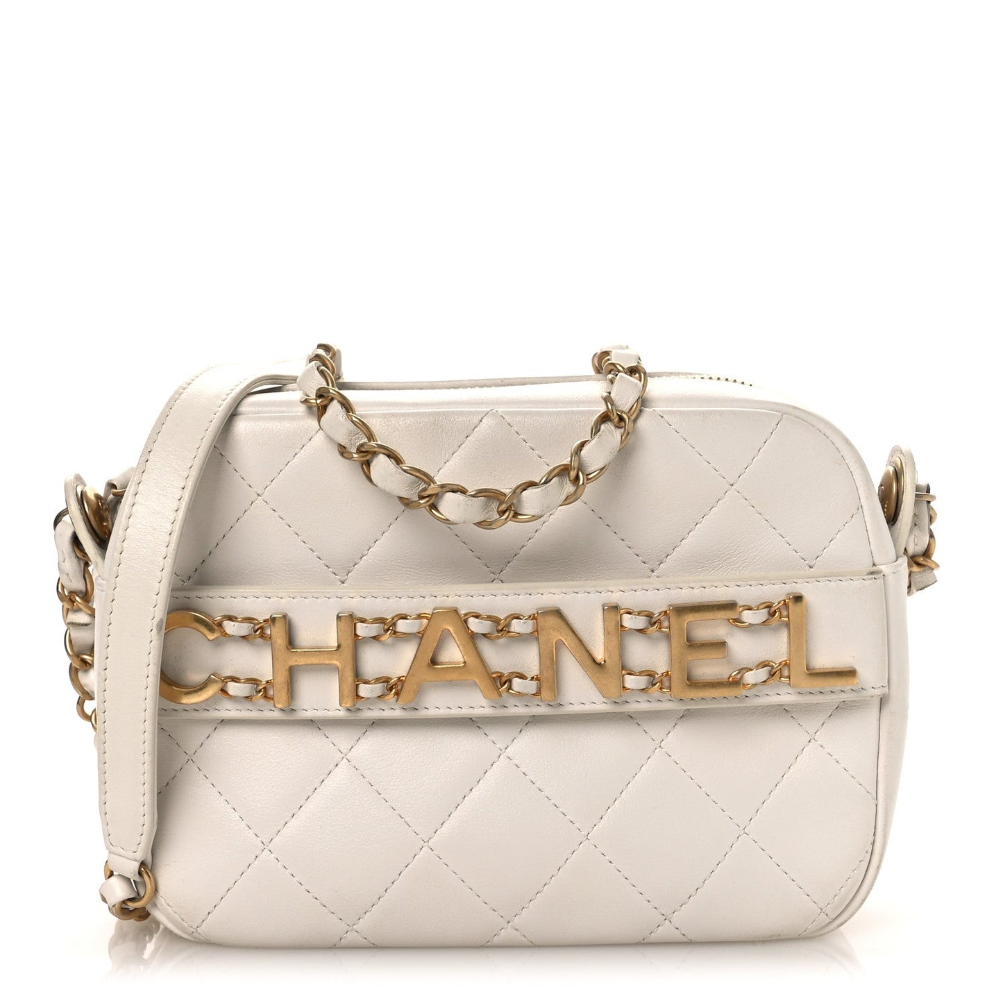 Calfskin Quilted Enchained Camera Case Bag White