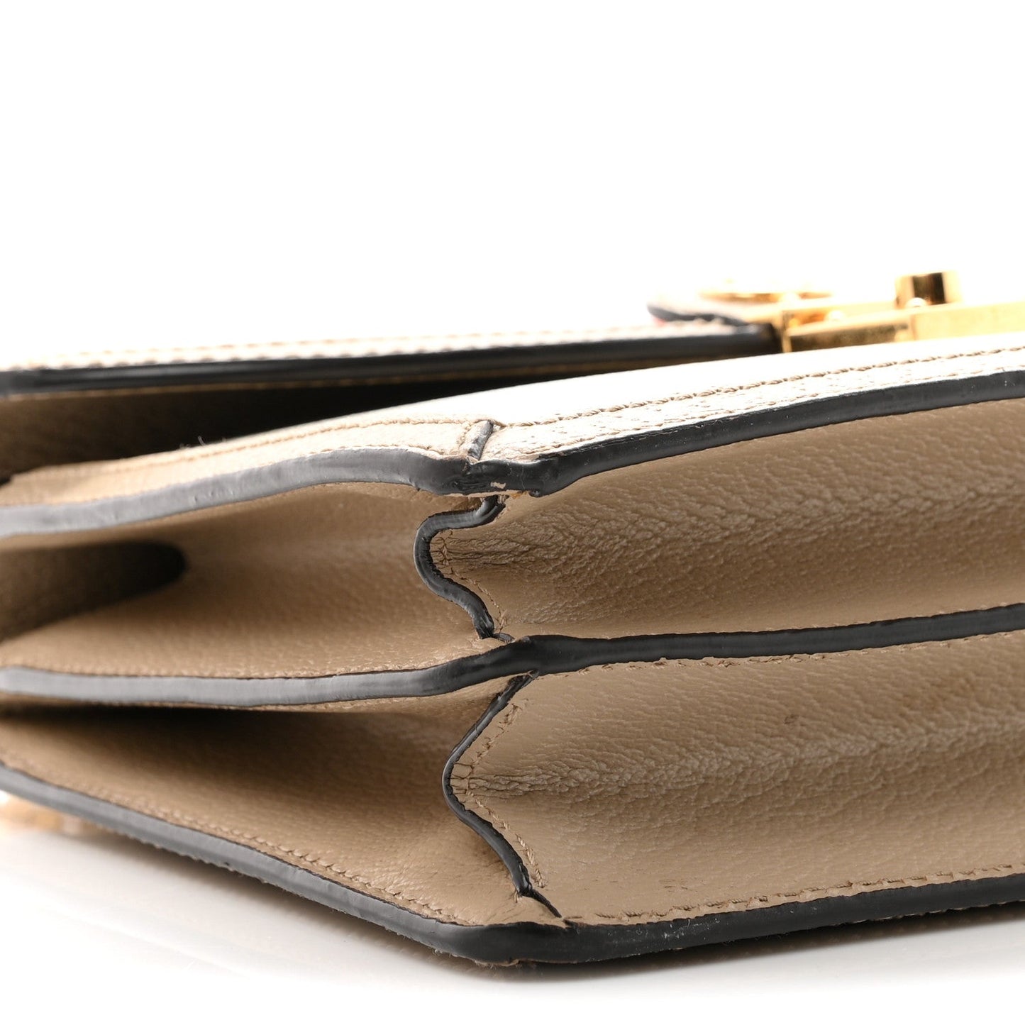 GG Supreme Monogram Textured Dollar Calfskin Web Small Ophidia Padlock Top Handle Bag Beige Mystic White Oatmeal