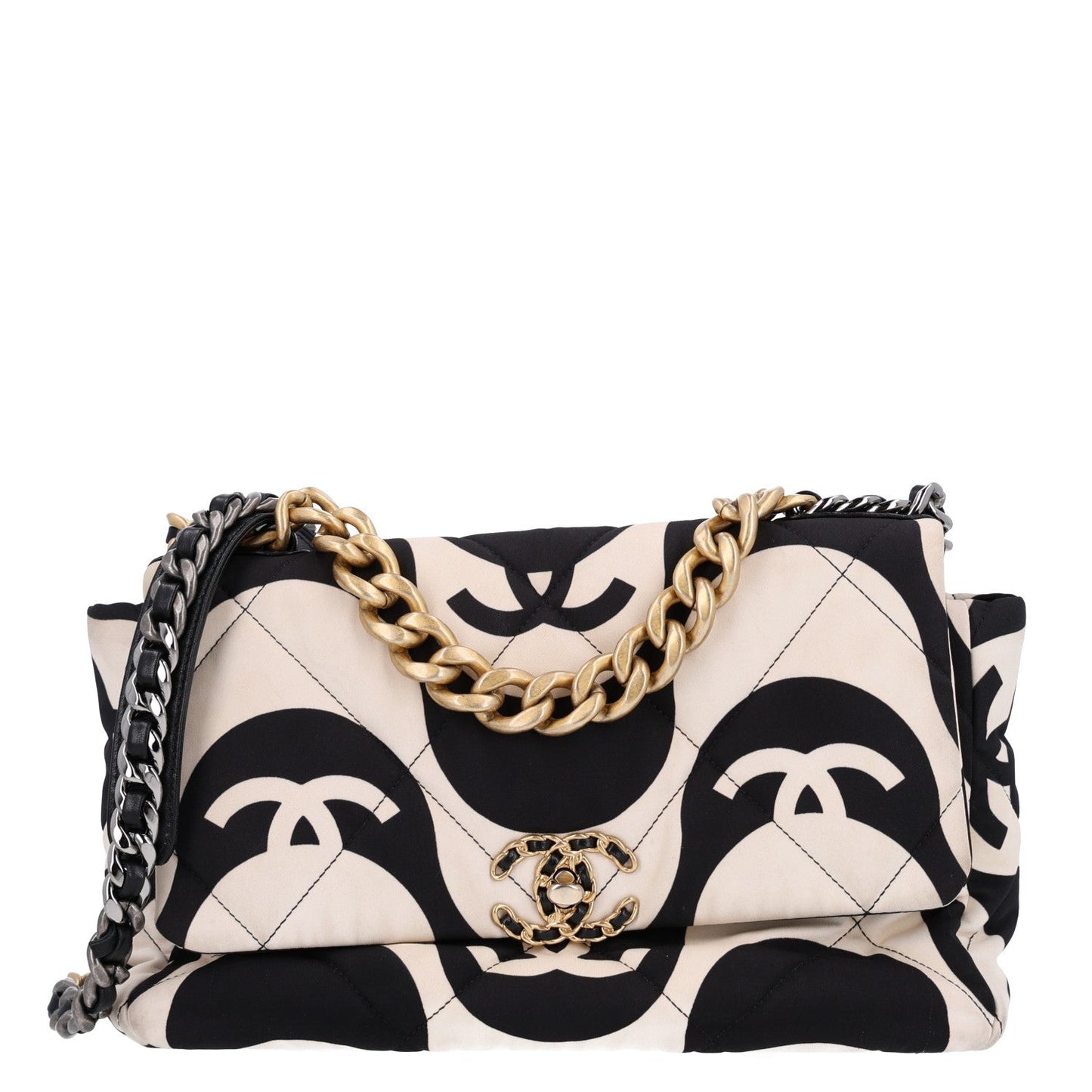 Fabric Printed Large Chanel 19 Flap Black Ecru