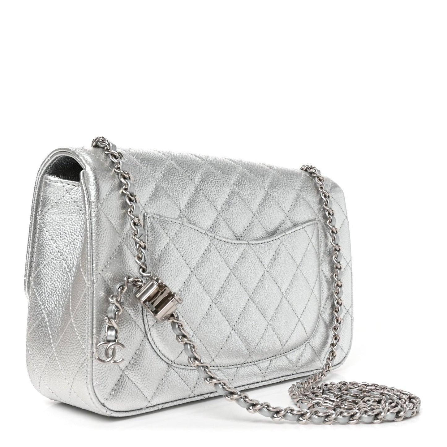 Metallic Caviar Quilted Medium CC Slide Flap Silver Silver