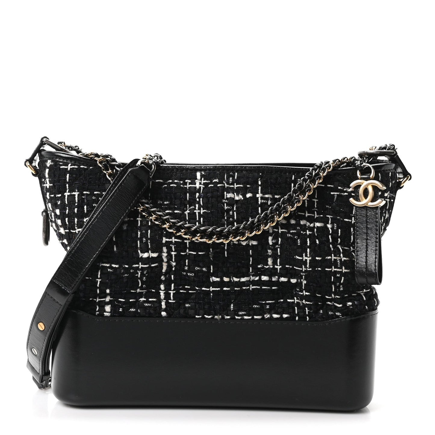 Tweed Calfskin Quilted Medium Gabrielle Hobo Black White