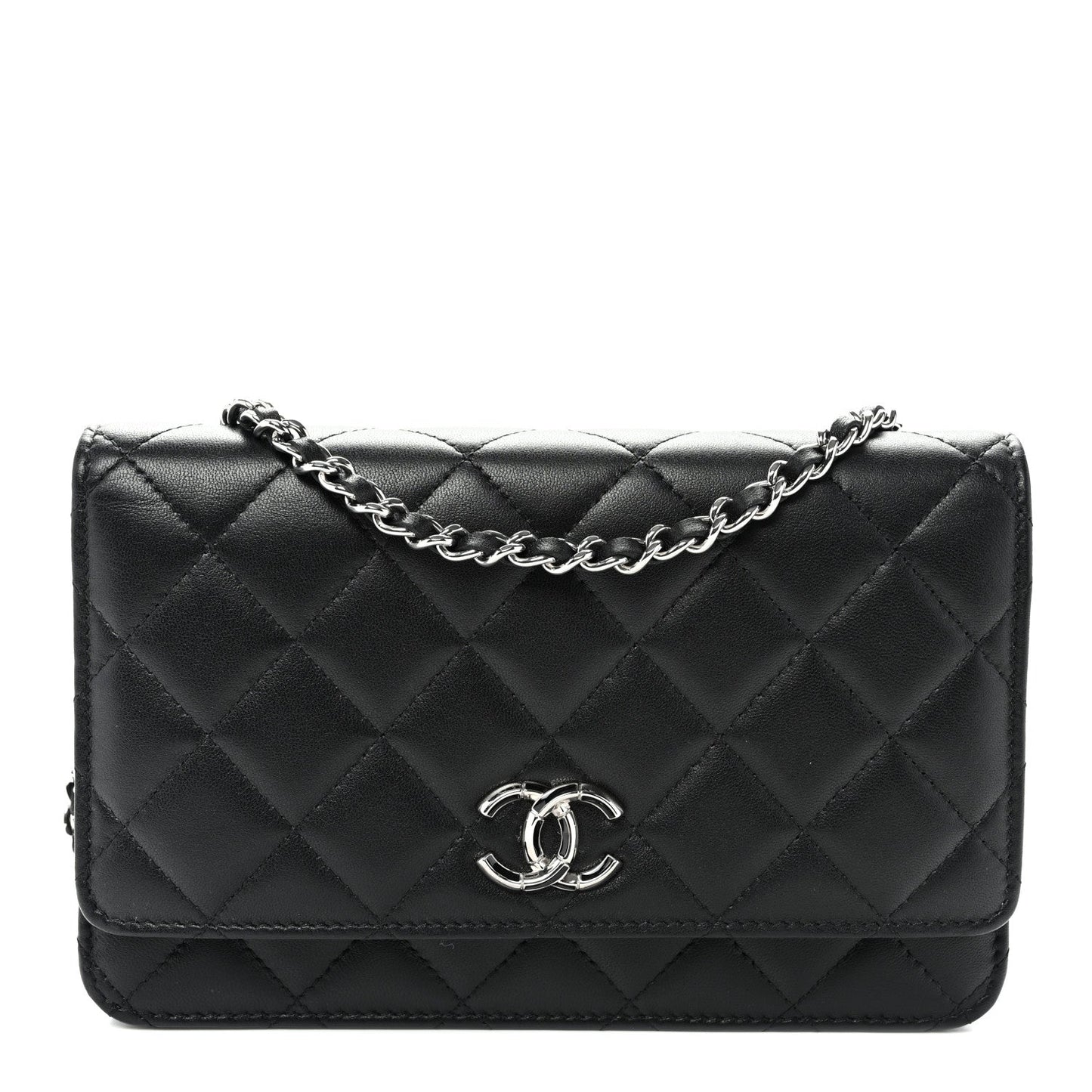 Lambskin Quilted Enamel CC Wallet on Chain WOC Black