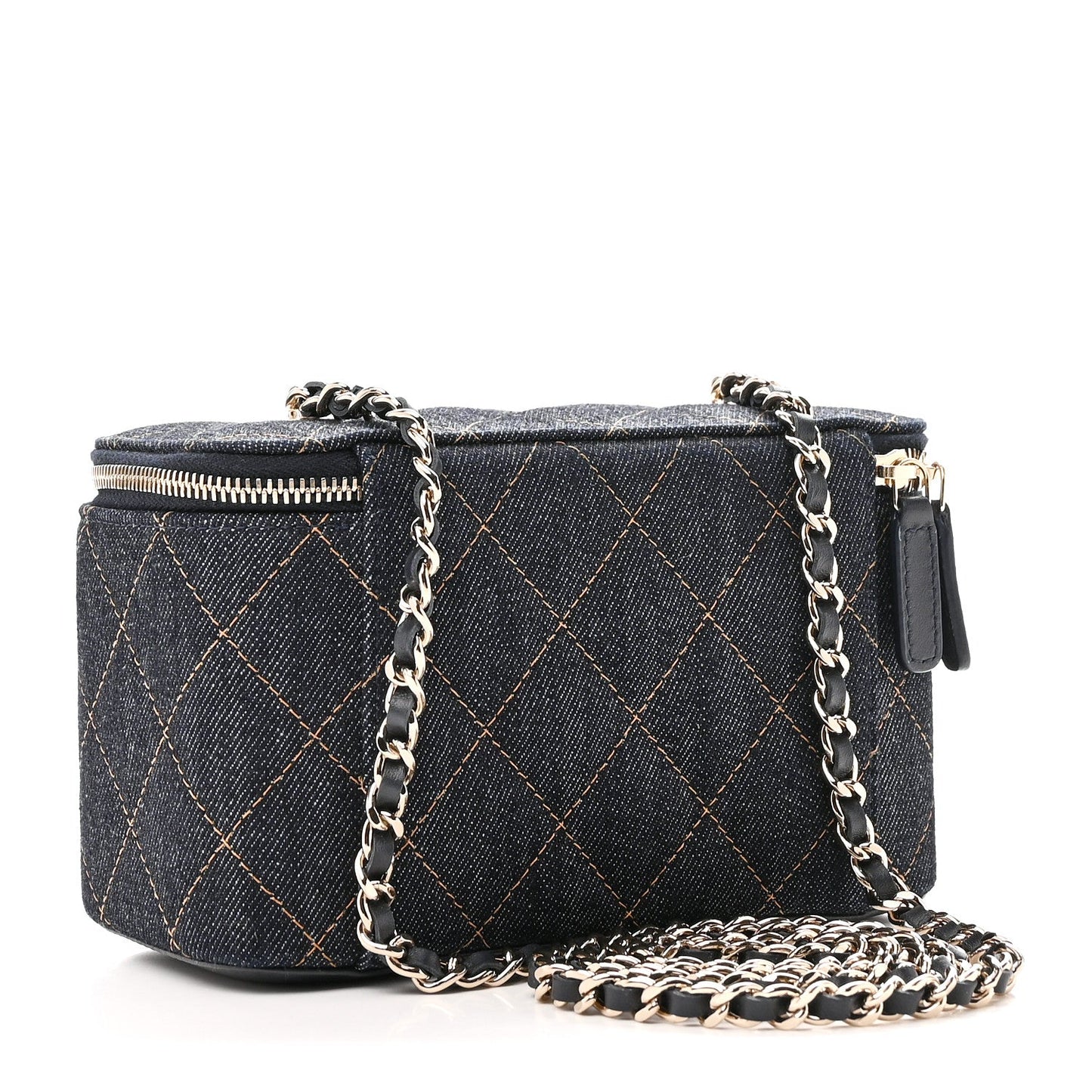 Denim Quilted Small Vanity Case With Chain Dark Blue Orange