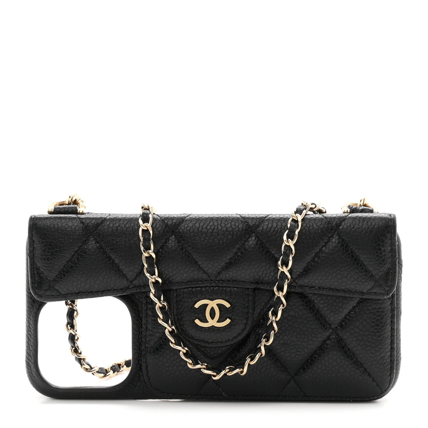 Caviar Quilted Pearl Crush iPhone 15 Pro Max Holder With Chain Black