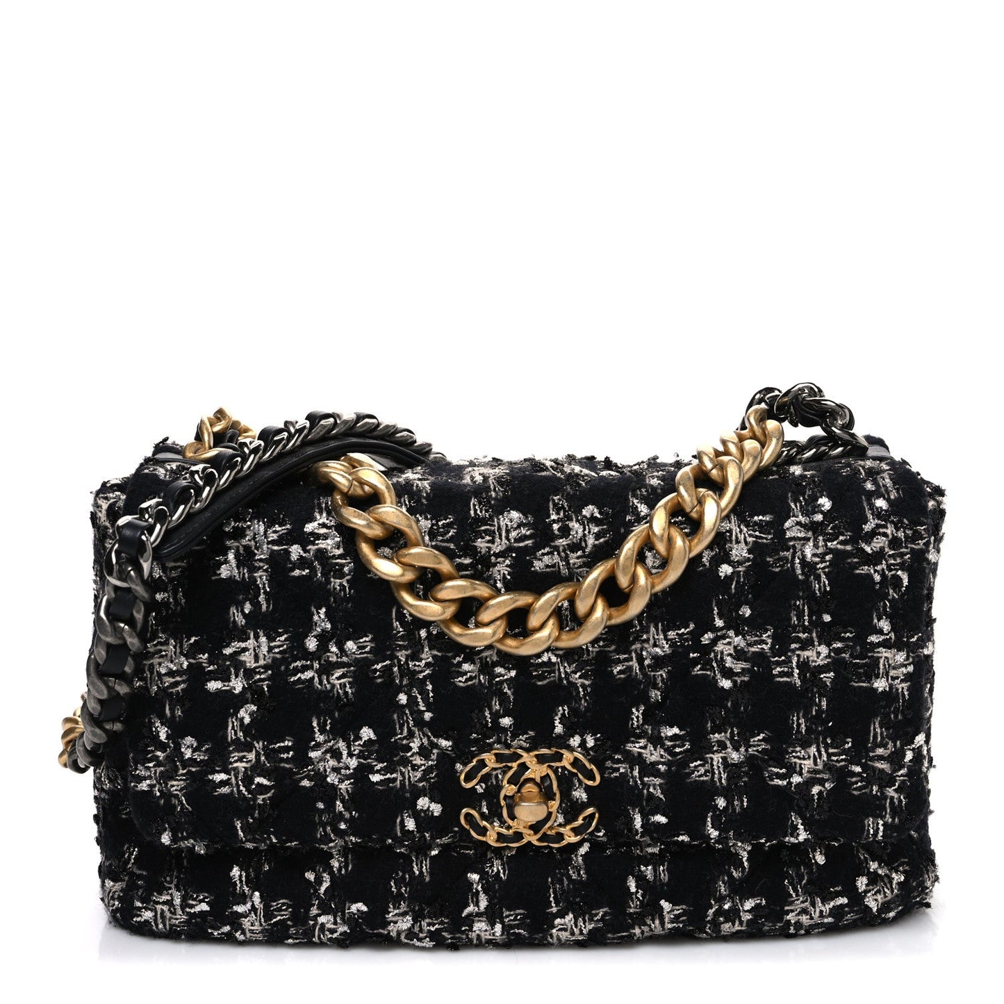 Tweed Quilted Large Chanel 19 Flap Black Silver Ecru