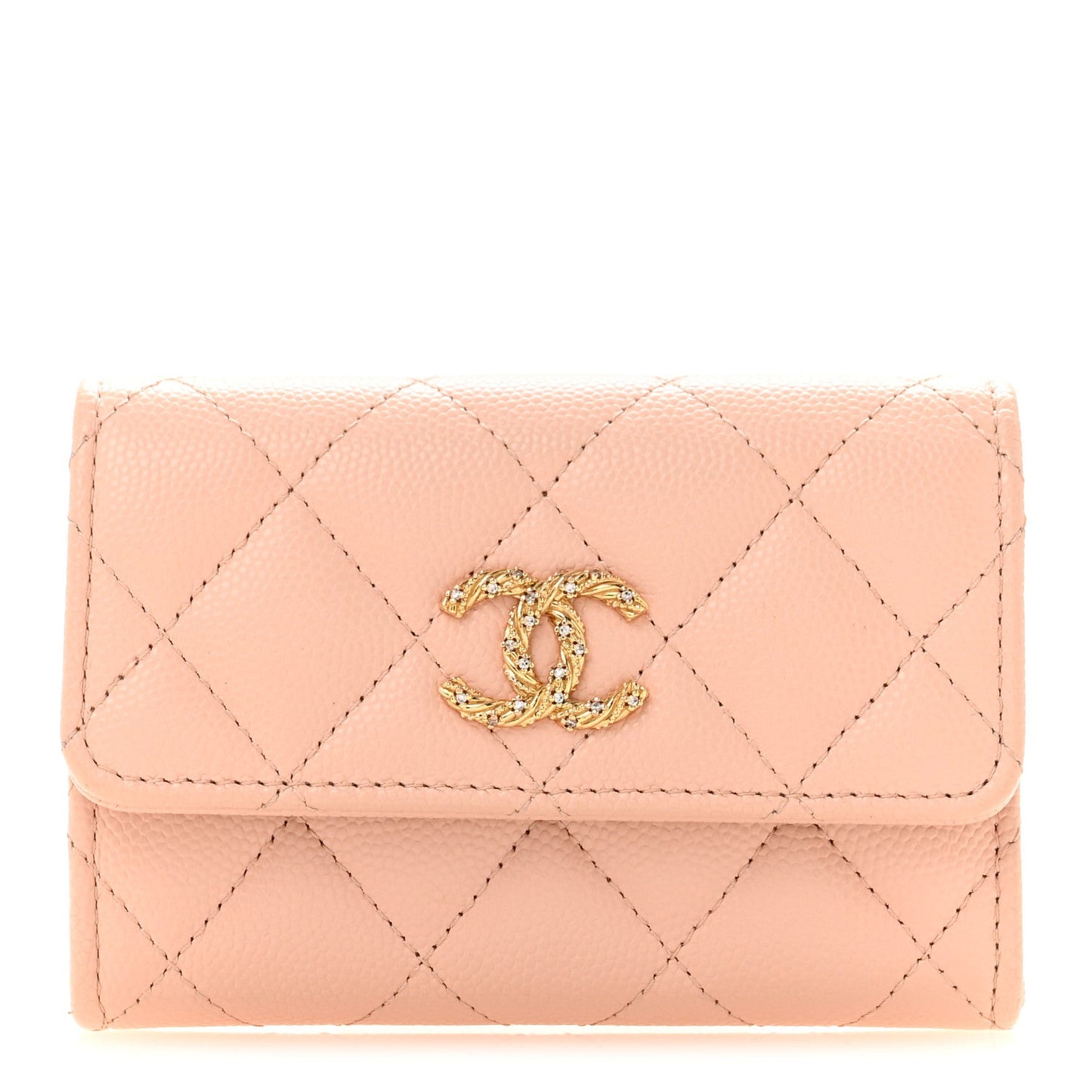 Caviar Quilted Crystal CC Flap Card Holder Pink