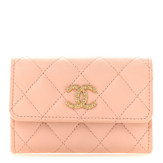 Caviar Quilted Crystal CC Flap Card Holder Pink