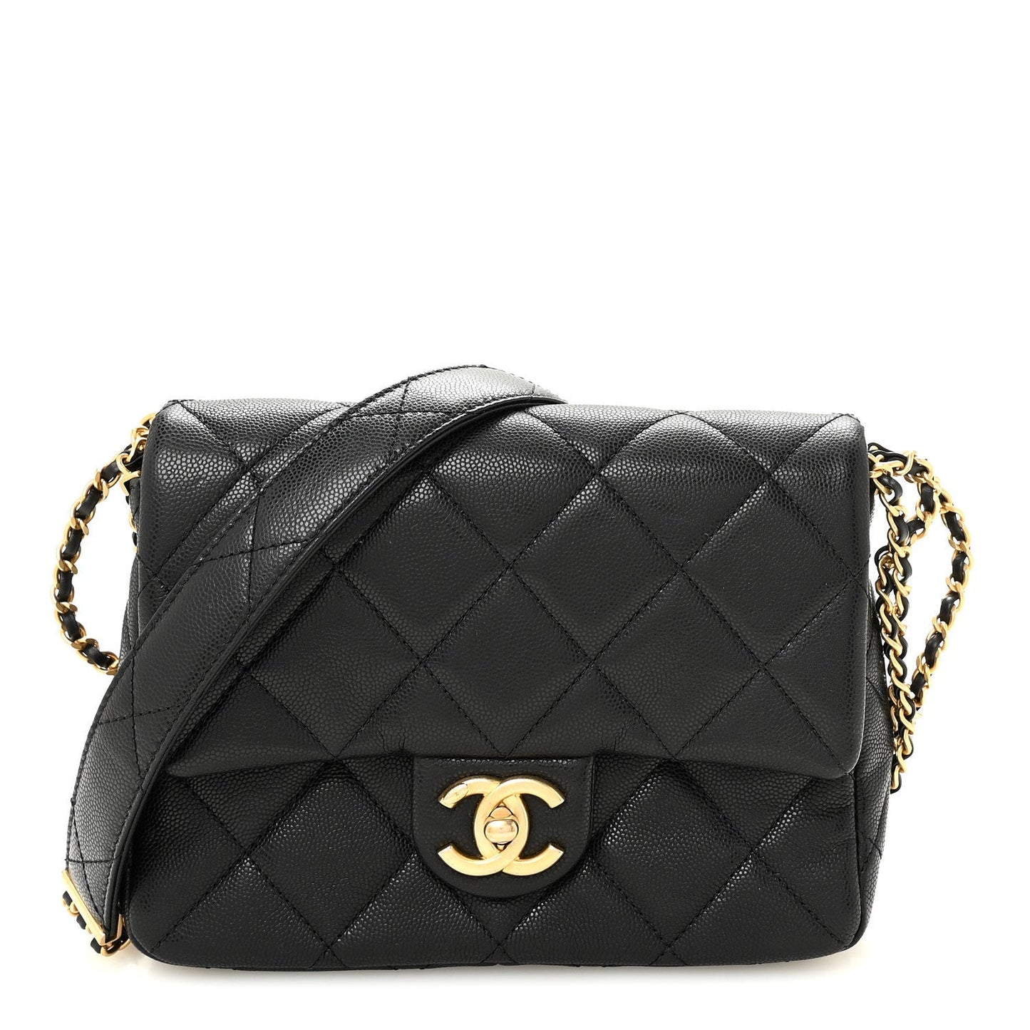 Shiny Caviar Quilted Mini Chain Messenger Flap Bag Black