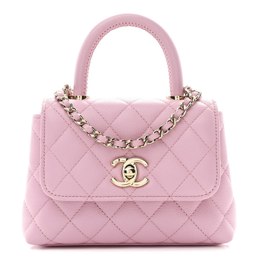 Caviar Quilted Coco Handle Clutch With Chain Pink