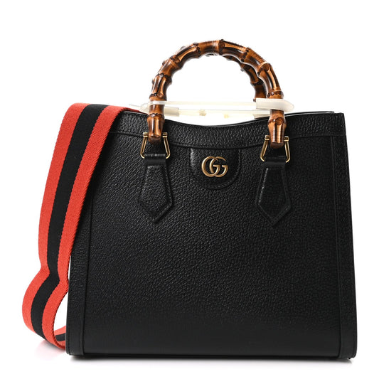 Textured Dollar Calfskin Web Small Diana Tote Bag Black Dusty Grey