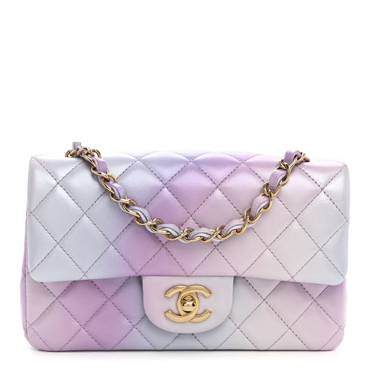 Lambskin Quilted Tie Dye Ombre Mini Rectangular Flap Purple Blue Pink