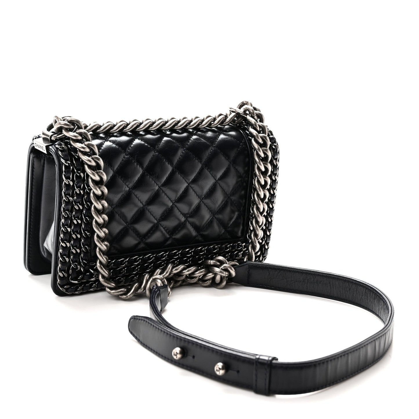 Glazed Calfskin Quilted Small Boy Chained Flap Navy