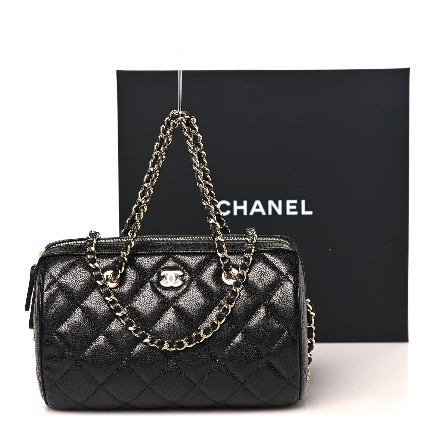 Caviar Quilted Barrel Clutch With Chain  Black
