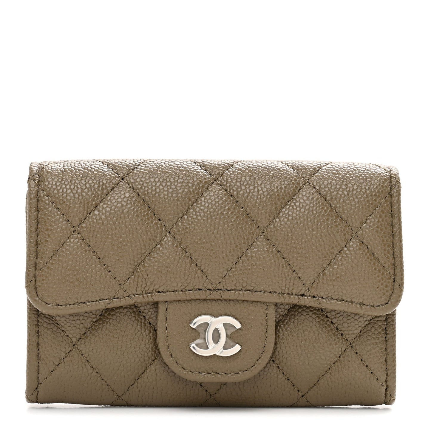 Caviar Quilted Flap Card Holder Wallet Dark Khaki