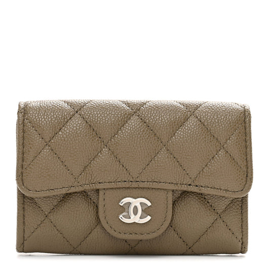 Caviar Quilted Flap Card Holder Wallet Dark Khaki