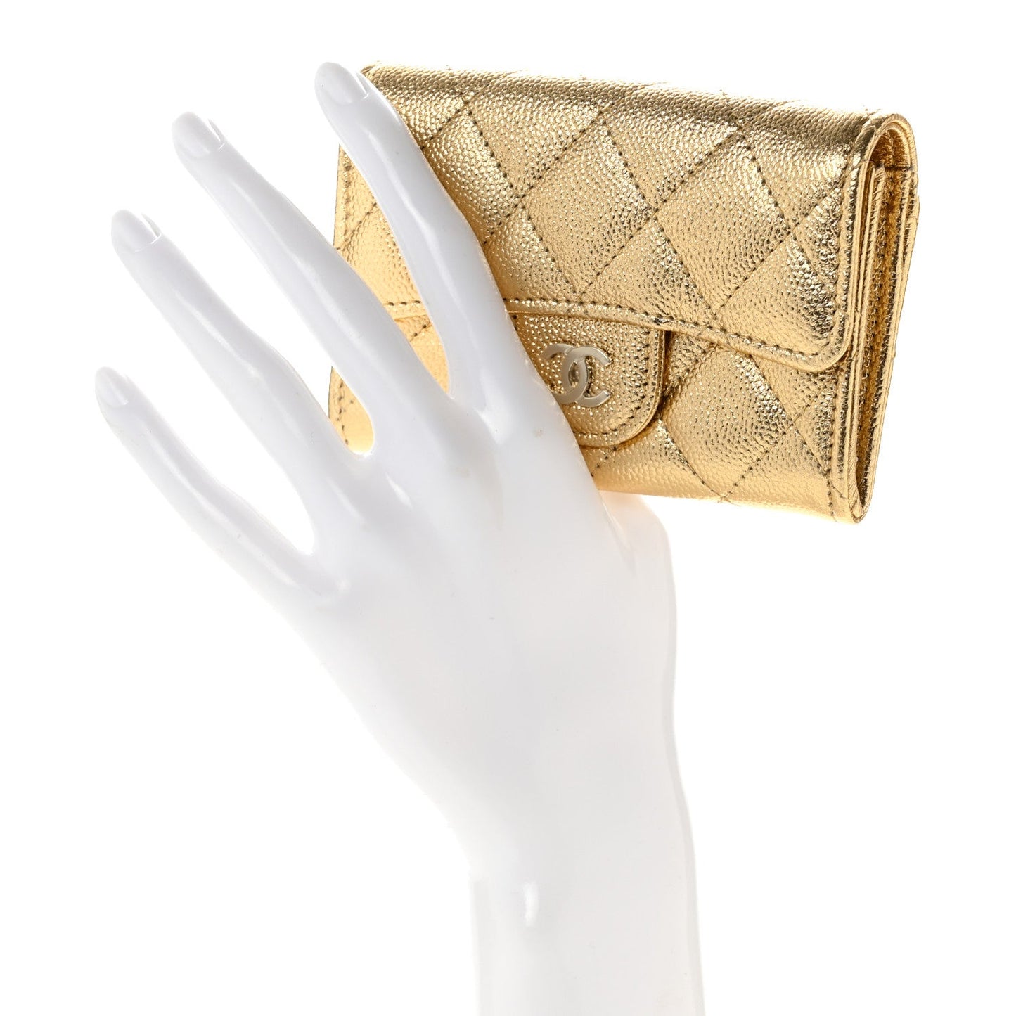 Metallic Caviar Quilted Flap Card Holder Wallet Gold
