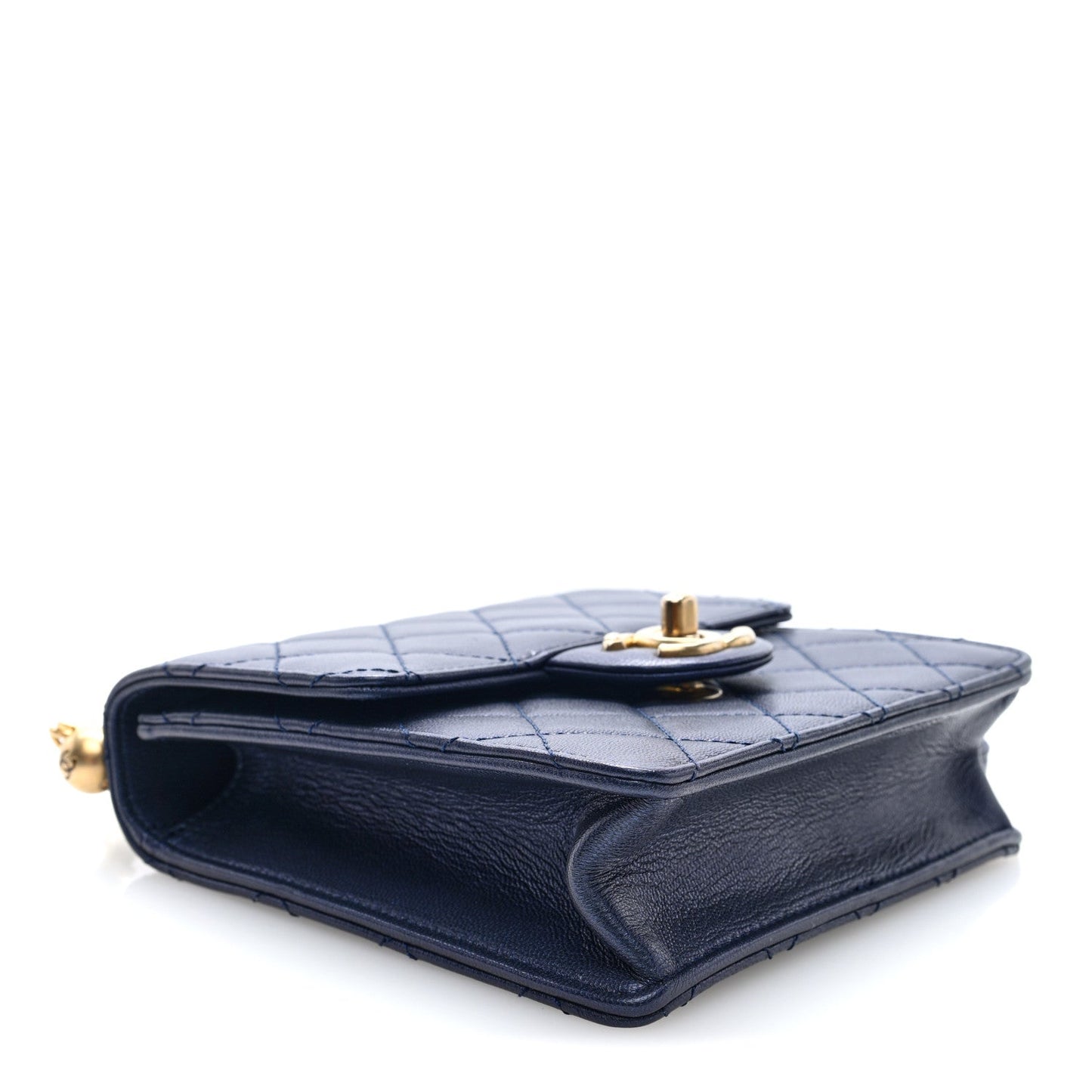 Iridescent Lambskin Quilted Chic Pearls Flap Navy Blue