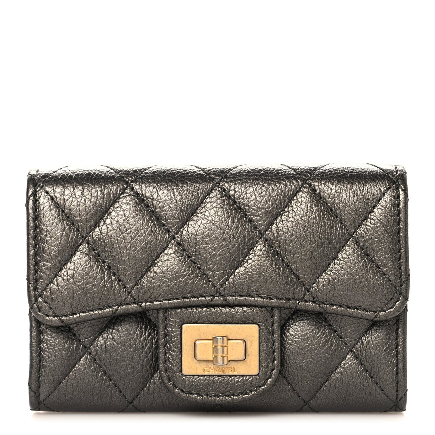 Metallic Calfskin Quilted Reissue Flap Card Holder Charcoal