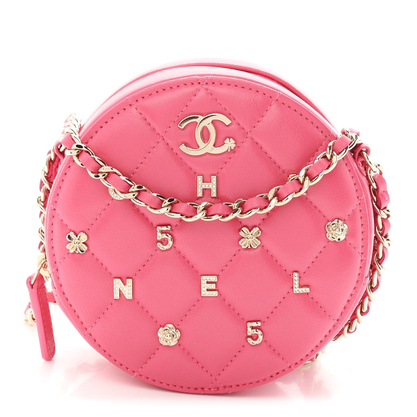 Lambskin Quilted All About Chanel Round Clutch With Chain Pink