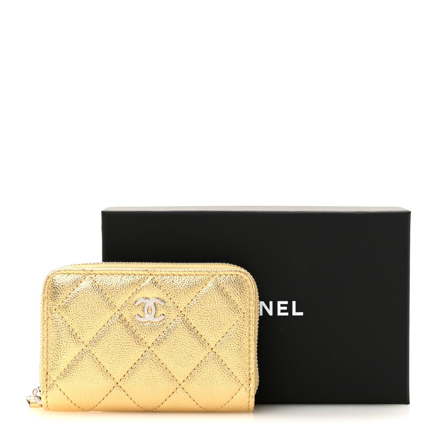 Metallic Caviar Quilted Zip Coin Purse Gold