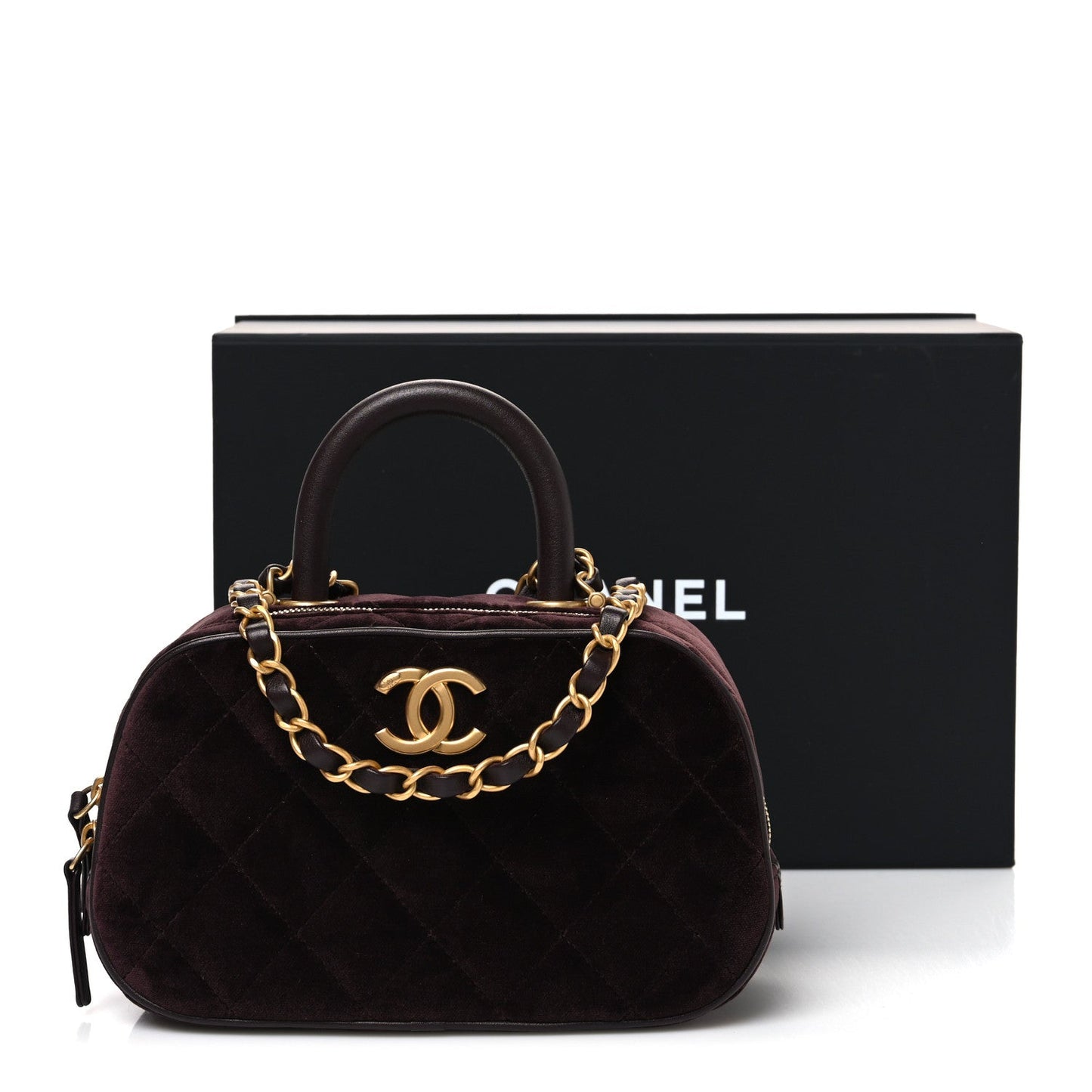 Velvet Quilted Top Handle Mini Bowling Bag Dark Brown