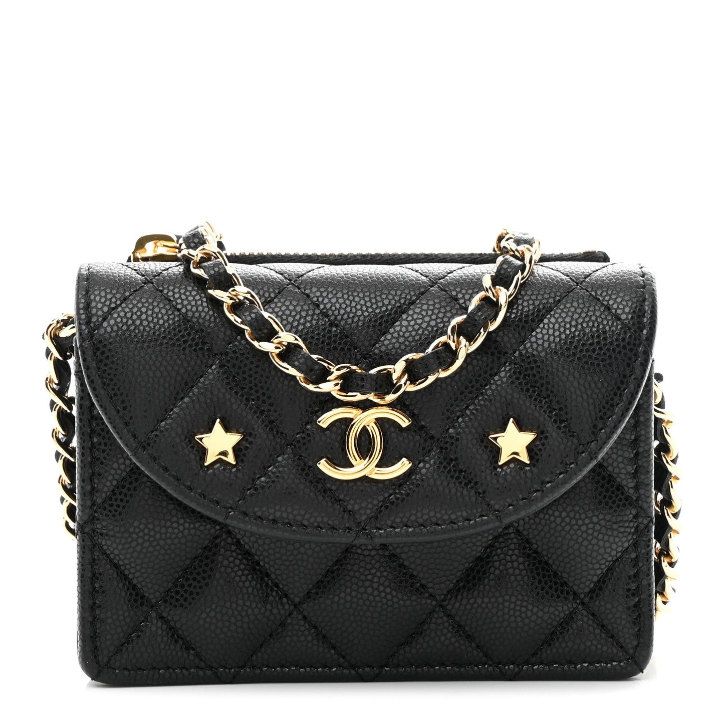 Caviar Quilted CC Stars Card Holder On Chain Black