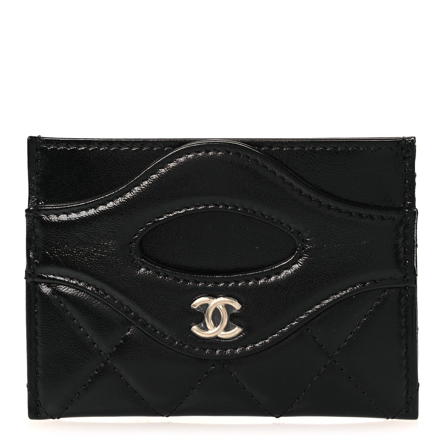 Shiny Crumpled Calfskin Quilted 31 Card Holder Black