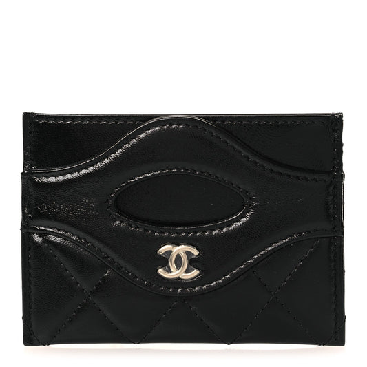Shiny Crumpled Calfskin Quilted 31 Card Holder Black