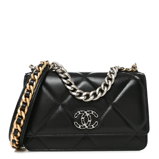 Lambskin Quilted Chanel 19 Wallet On Chain WOC Black