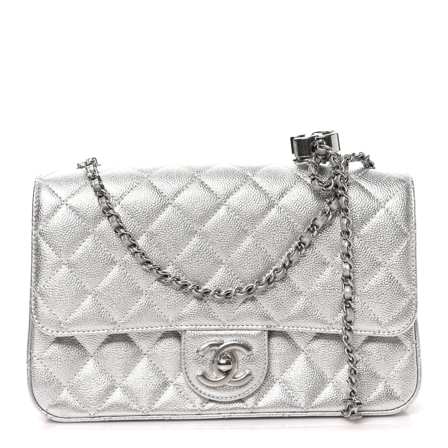 Metallic Caviar Quilted Medium CC Slide Flap Silver