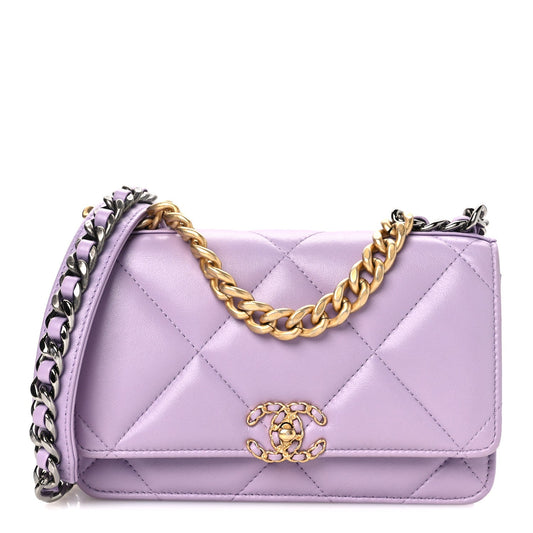 Lambskin Quilted Chanel 19 Wallet On Chain WOC Light Purple