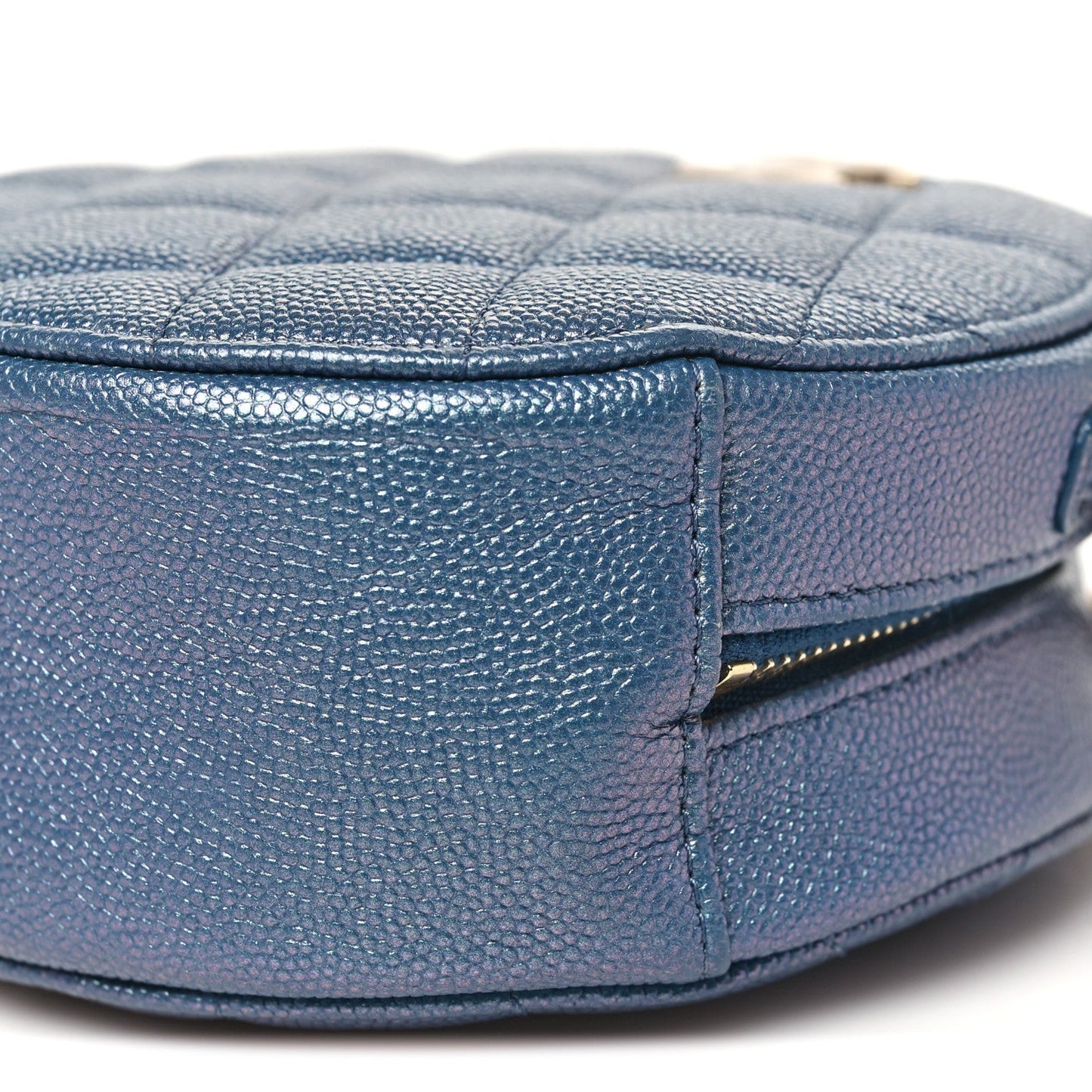 Iridescent Caviar Quilted Round Clutch With Chain Blue