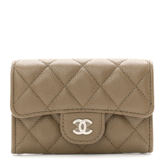 Caviar Quilted Flap Card Holder Wallet Dark Khaki