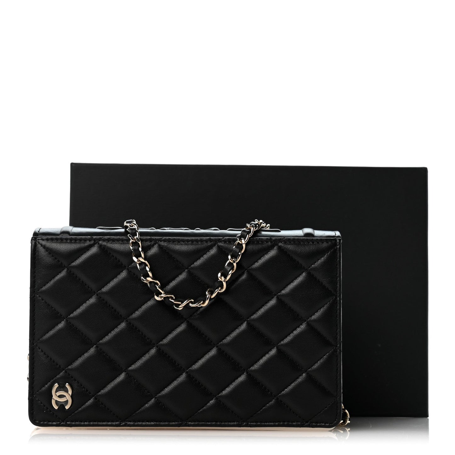 Lambskin Quilted Book Wallet On Chain WOC Black