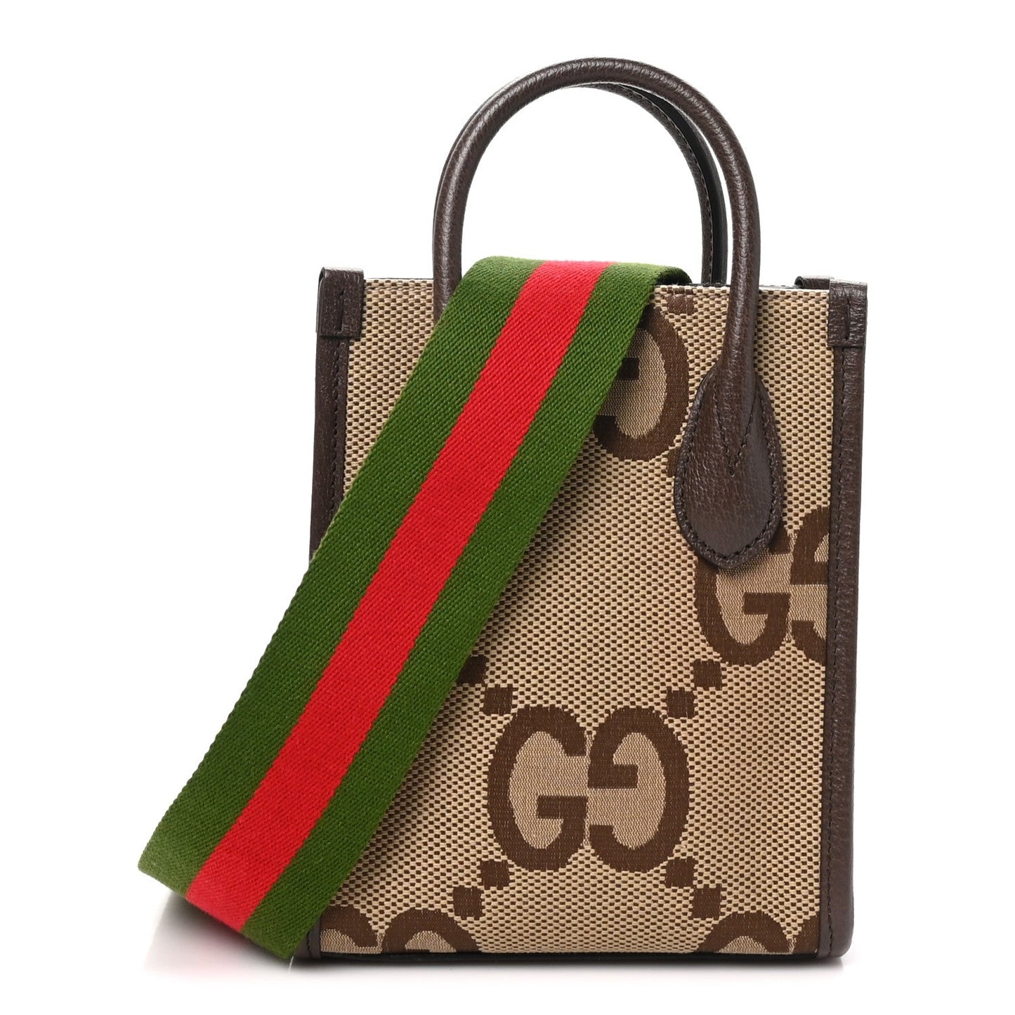 Monogram Jumbo GG Textured Dollar Calfskin Web Mini Vertical Tote Camel Ebony New Acero