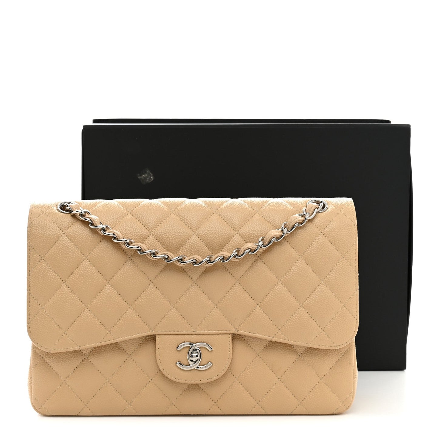 Caviar Quilted Jumbo Double Flap Light Beige